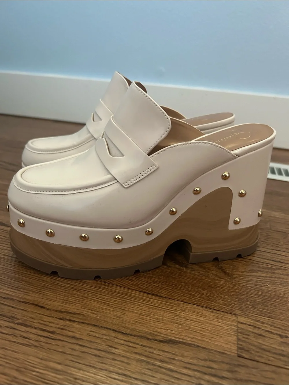 Jessica Simpson Cream Platform Clog Mules with Gold Studs